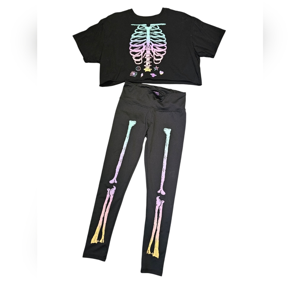 Sugar&Jade Black Rainbow Skeleton leggings and crop top size XL 16/18 Girls/teen